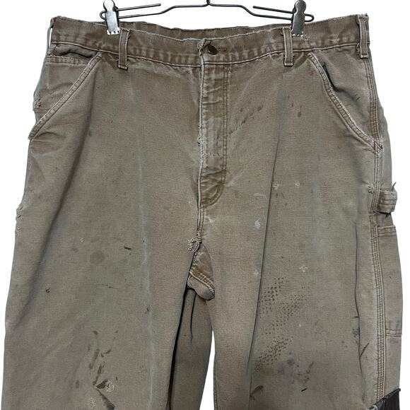 Carhartt Carpenter Work Pants Sz 38x34 Tan Flannel Lined Distressed Vintage Y2K - Picture 3 of 15